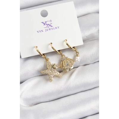 Pirinç Zİrkon Taşlı Deniz Yıldızı Ve İstiridye Model Gold Renk 3lü Kadın Küpe - Lisinya