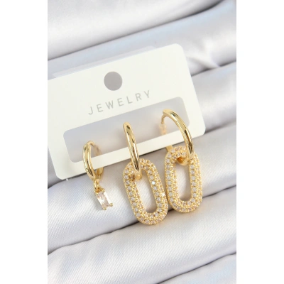 Pirinç Zirkon Taşlı Dikdörtgen Model Gold Renk 3lü Çift Kadın Küpe Set - Lisinya