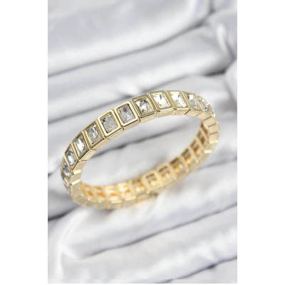 Pirinç Zirkon Taşlı Dikdörtgen Model Gold Renk Lastikli Kadın Bileklik - Lisinya