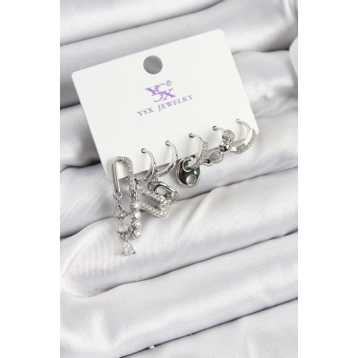 Pirinç Zİrkon Taşlı Dikdörtgen Model Gümüş Renk 3lü Çift Kadın Küpe - Lisinya