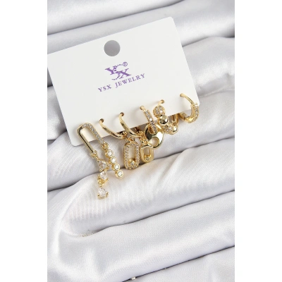 Pirinç Zİrkon Taşlı Dikdörtgen Model Gümüş Renk 3lü Çift Kadın Küpe - Lisinya