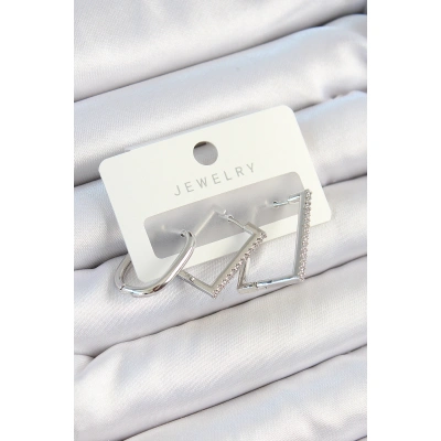 Pirinç Zirkon Taşlı Dikdörtgen Model Gümüş Renk 3lü Çift Kadın Küpe Set - Lisinya