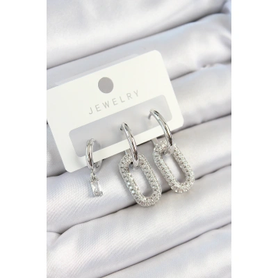 Pirinç Zirkon Taşlı Dikdörtgen Model Gümüş Renk 3lü Çift Kadın Küpe Set - Lisinya