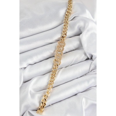 Pirinç Zirkon Taşlı Ezme Küba Zincir Model Gold Renk Kadın Bileklik - Lisinya