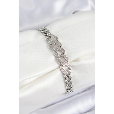 Pirinç Zirkon Taşlı Ezme Küba Zincir Model Gümüş Renk Kadın Bileklik - Lisinya