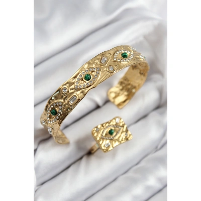 Pirinç Zirkon Taşlı Göz Model Gold Renk Bileklik Yüzük Set - Lisinya