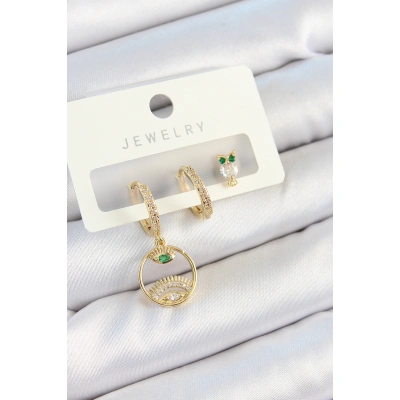 Pirinç Zirkon Taşlı Göz Ve Baykuş Model Gold Renk 3lü Çift Kadın Küpe Set - Lisinya