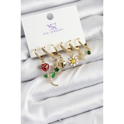 Pirinç Zİrkon Taşlı Gül Ve Papatya Model Gold Renk 3lü Çift Kadın Küpe - Lisinya