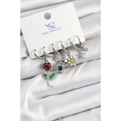 Pirinç Zİrkon Taşlı Gül Ve Papatya Model Gümüş Renk 3lü Çift Kadın Küpe - Lisinya