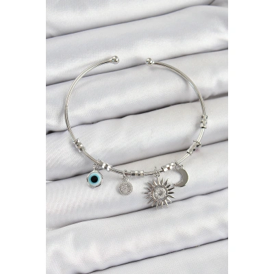 Pirinç Zirkon Taşlı Güneş Ay Ve Nazar Model Gümüş Renk Charm Bileklik - Lisinya