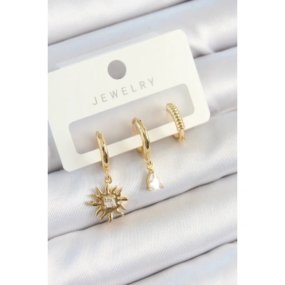 Pirinç Zirkon Taşlı Güneş Model Gold Renk 3lü Çift Kadın Küpe Set - Lisinya