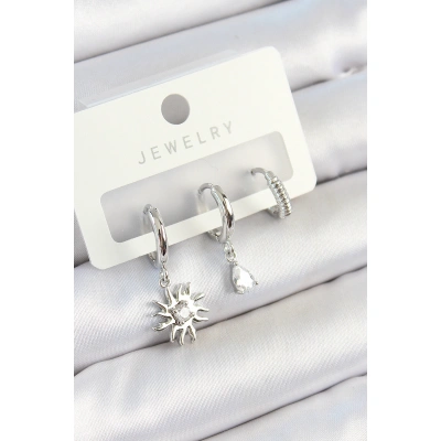 Pirinç Zirkon Taşlı Güneş Model Gümüş Renk 3lü Çift Kadın Küpe Set - Lisinya