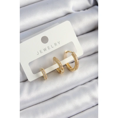 Pirinç Zirkon Taşlı Halka Model Gold Renk 3lü Çift Kadın Küpe Set - Lisinya