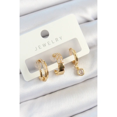 Pirinç Zirkon Taşlı Halka Model Gold Renk 3lü Çift Kadın Küpe Set - Lisinya