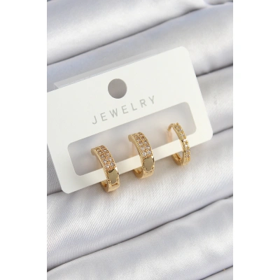 Pirinç Zirkon Taşlı Halka Model Gold Renk 3lü Çift Kadın Küpe Set - Lisinya