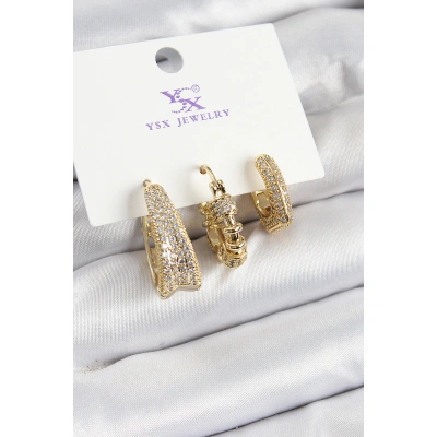 Pirinç Zİrkon Taşlı Halka Model Gold Renk 3lü Kadın Küpe - Lisinya