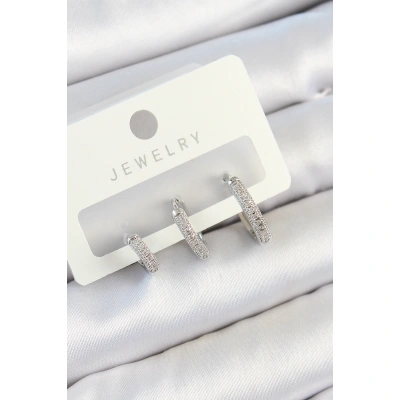 Pirinç Zirkon Taşlı Halka Model Gümüş Renk 3lü Çift Kadın Küpe Set - Lisinya