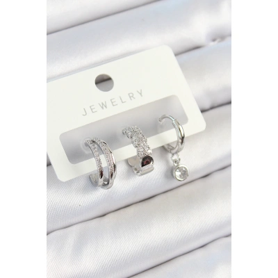 Pirinç Zirkon Taşlı Halka Model Gümüş Renk 3lü Çift Kadın Küpe Set - Lisinya