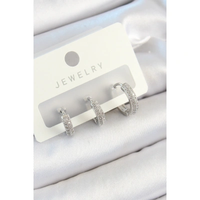 Pirinç Zirkon Taşlı Halka Model Gümüş Renk 3lü Çift Kadın Küpe Set - Lisinya