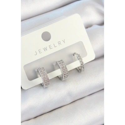 Pirinç Zirkon Taşlı Halka Model Gümüş Renk 3lü Çift Kadın Küpe Set - Lisinya