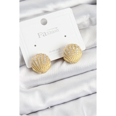 Pirinç Zirkon Taşlı İstiridye Model Gold Renk 925 Ayar Gümüş Çivi Kadın Küpe - Lisinya