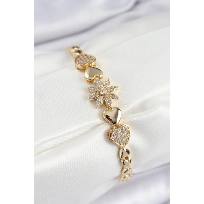 Pirinç Zirkon Taşlı Kalp Detaylı Çiçek Model Gold Renk Kadın Bileklik - Lisinya