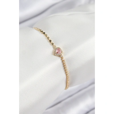 Pirinç Zirkon Taşlı Kalp Model Ezme Zincir Gold Renk Kadın Bileklik - Lisinya