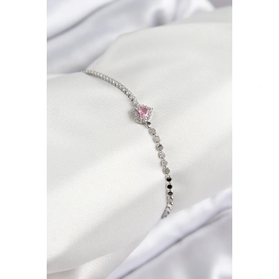 Pirinç Zirkon Taşlı Kalp Model Ezme Zincir Gümüş Renk Kadın Bileklik - Lisinya