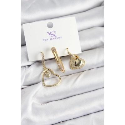 Pirinç Zİrkon Taşlı Kalp Model Gold Renk 3lü Kadın Küpe - Lisinya