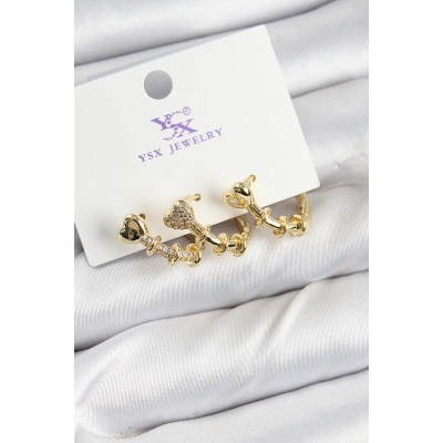 Pirinç Zİrkon Taşlı Kalp Model Gold Renk 3lü Kadın Küpe - Lisinya