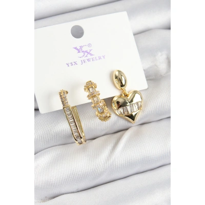 Pirinç Zİrkon Taşlı Kalp Model Gold Renk 3lü Kadın Küpe - Lisinya