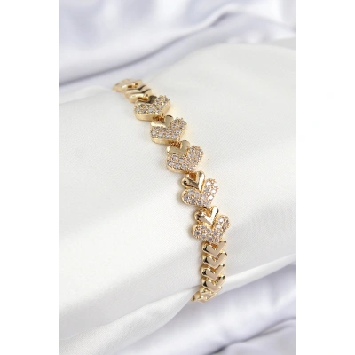 Pirinç Zirkon Taşlı Kalp Model Gold Renk Kadın Bileklik - Lisinya