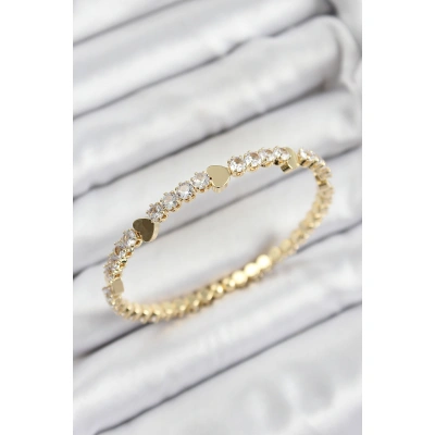 Pirinç Zirkon Taşlı Kalp Model Gold Renk Yaylı Kadın Bileklik - Lisinya