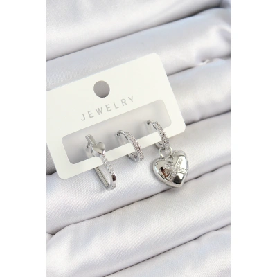 Pirinç Zirkon Taşlı Kalp Model Gümüş Renk 3lü Çift Kadın Küpe Set - Lisinya