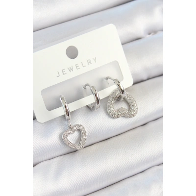 Pirinç Zirkon Taşlı Kalp Model Gümüş Renk 3lü Çift Kadın Küpe Set - Lisinya