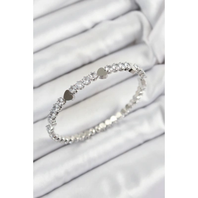 Pirinç Zirkon Taşlı Kalp Model Gümüş Renk Yaylı Kadın Bileklik - Lisinya