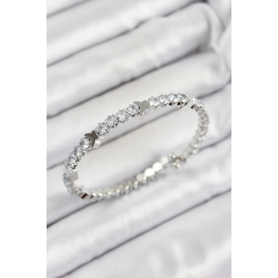 Pirinç Zirkon Taşlı Kalp Model Gümüş Renk Yaylı Kadın Bileklik - Lisinya