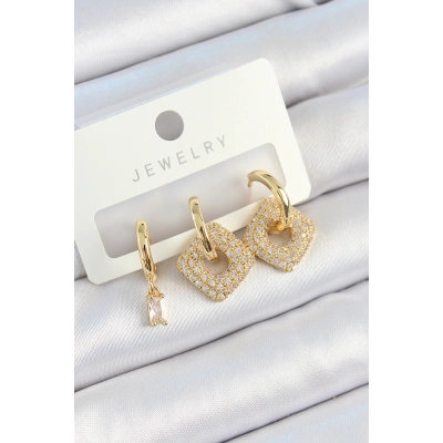 Pirinç Zirkon Taşlı Kare Model Gold Renk 3lü Çift Kadın Küpe Set - Lisinya