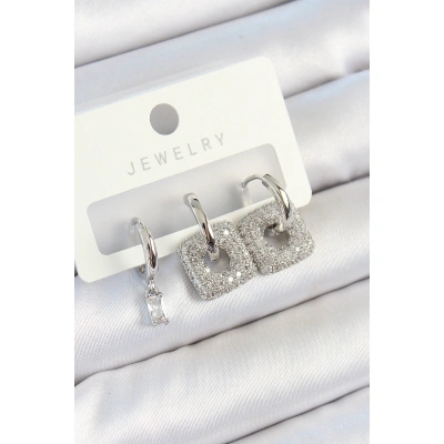 Pirinç Zirkon Taşlı Kare Model Gümüş Renk 3lü Çift Kadın Küpe Set - Lisinya