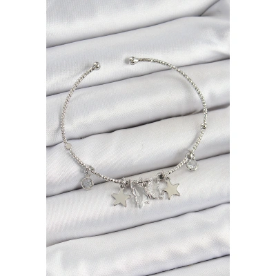 Pirinç Zirkon Taşlı Kelebek Ve Yıldız Model Gümüş Renk Charm Bileklik - Lisinya