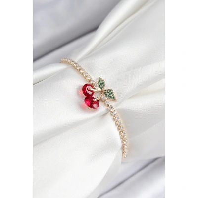 Pirinç Zirkon Taşlı Kiraz Model Gold Renk Asansörlü Kadın Bileklik - Lisinya