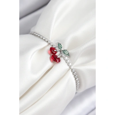 Pirinç Zirkon Taşlı Kiraz Model Gümüş Renk Asansörlü Kadın Bileklik - Lisinya