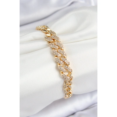 Pirinç Zirkon Taşlı Küba Zincir Model Gold Renk Kadın Bileklik - Lisinya