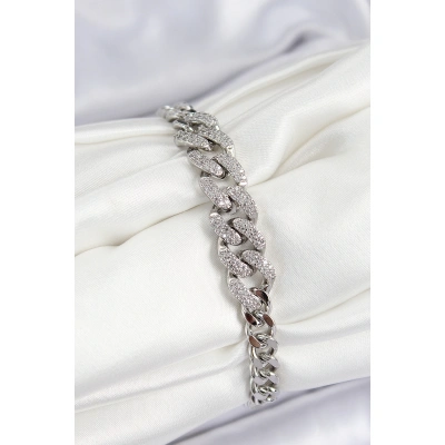 Pirinç Zirkon Taşlı Küba Zincir Model Gümüş Renk Kadın Bileklik - Lisinya