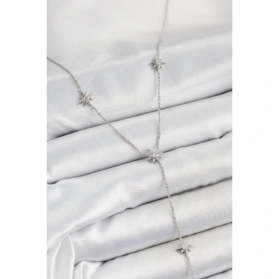 Pirinç Zirkon Taşlı Kutup Yıldız Figürlü Y Model Gümüş Renk Kadın Kolye - Lisinya