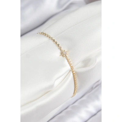 Pirinç Zirkon Taşlı Kutup Yıldızı Model Ezme Zincir Gold Renk Kadın Bileklik - Lisinya