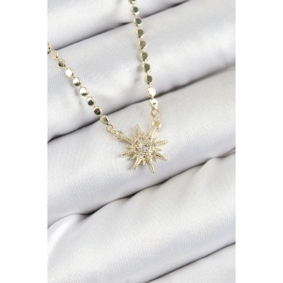 Pirinç Zirkon Taşlı Kutup Yıldızı Model Ezme Zincir Gold Renk Kadın Kolye - Lisinya