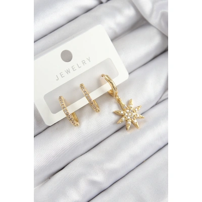 Pirinç Zirkon Taşlı Kutup Yıldızı Model Gold Renk 3lü Set Kadın Küpe - Lisinya