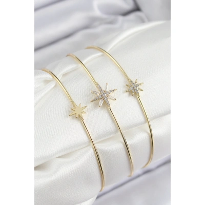 Pirinç Zirkon Taşlı Kutup Yıldızı Model Gold Renk Vip 3lü Kadın Bileklik - Lisinya