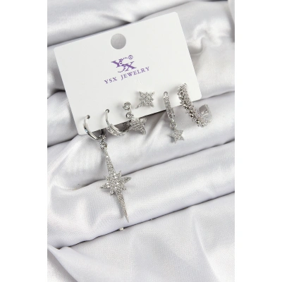 Pirinç Zİrkon Taşlı Kutup Yıldızı Model Gümüş Renk 3lü Çift Kadın Küpe - Lisinya